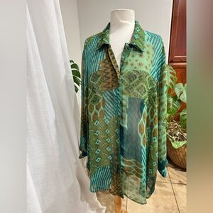Dalin Plus Sheer Boho Patchwork‎ Button Down Top Green Teal Brown 2X